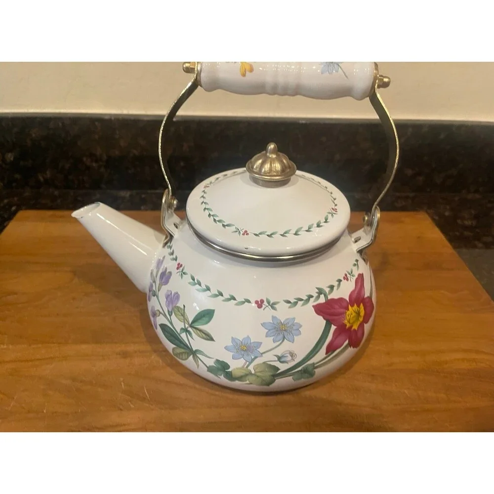 MIKASA ENAMELED METAL TEA POT KETTLE FLOWERS